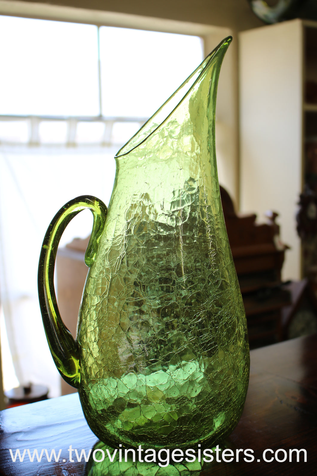 Blenko Crackle Glass Lime Green Glass Pitcher