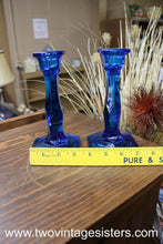 Load image into Gallery viewer, Cooperative Flint Blue Glass Candleholders Pair