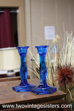 Load image into Gallery viewer, Cooperative Flint Blue Glass Candleholders Pair