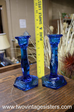 Load image into Gallery viewer, Cooperative Flint Blue Glass Candleholders Pair
