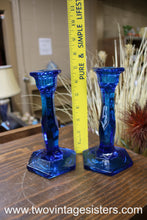 Load image into Gallery viewer, Cooperative Flint Blue Glass Candleholders Pair