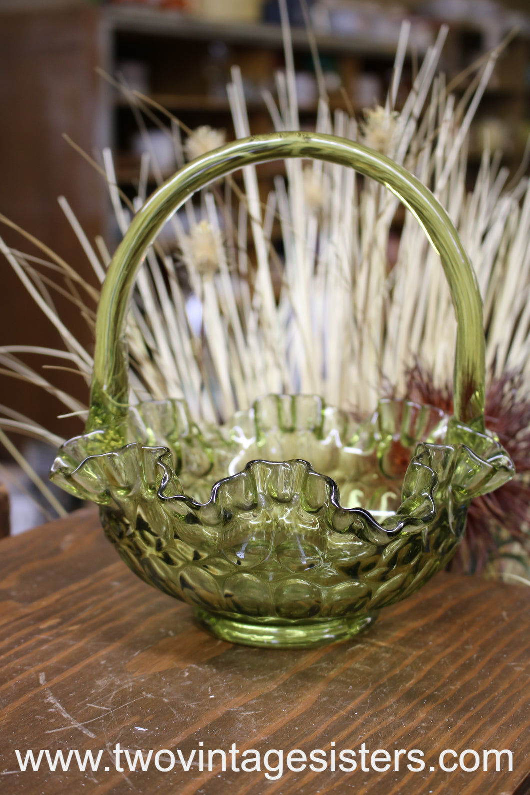 Fenton Glass Colonial Green Thumbprint Basket