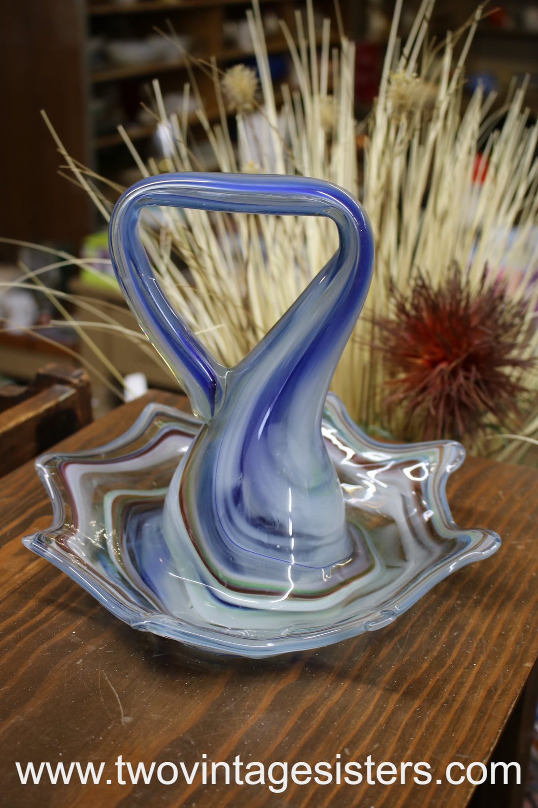 Hand Blown Glass Art Blue Swirl Basket