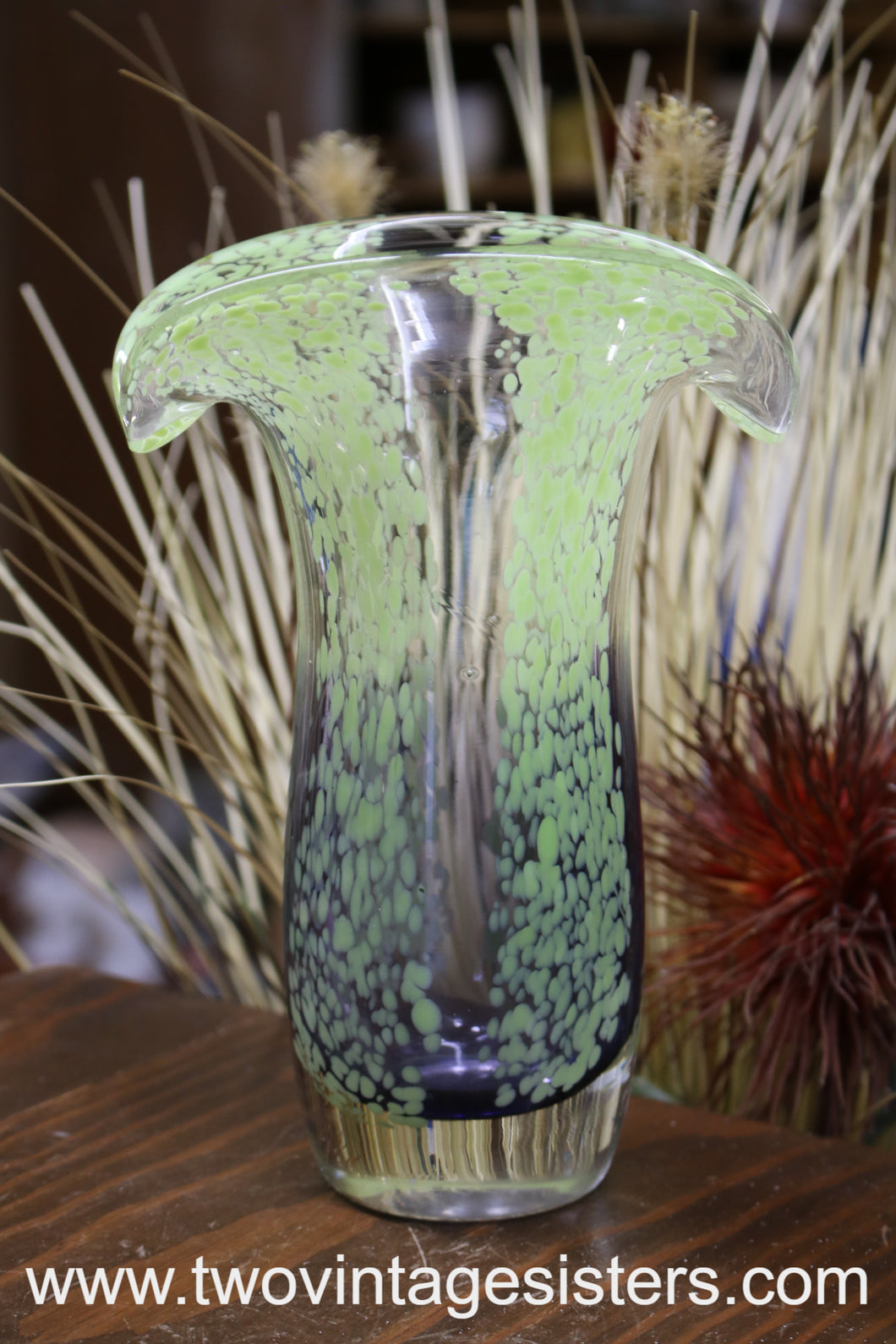 Hand Blown Glass Art Bubble Green Vase