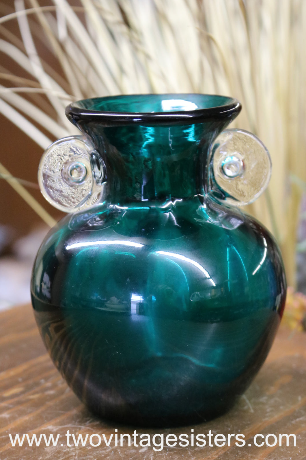 Teal Blue Glass Vase Clear Handles - Vintage Glass