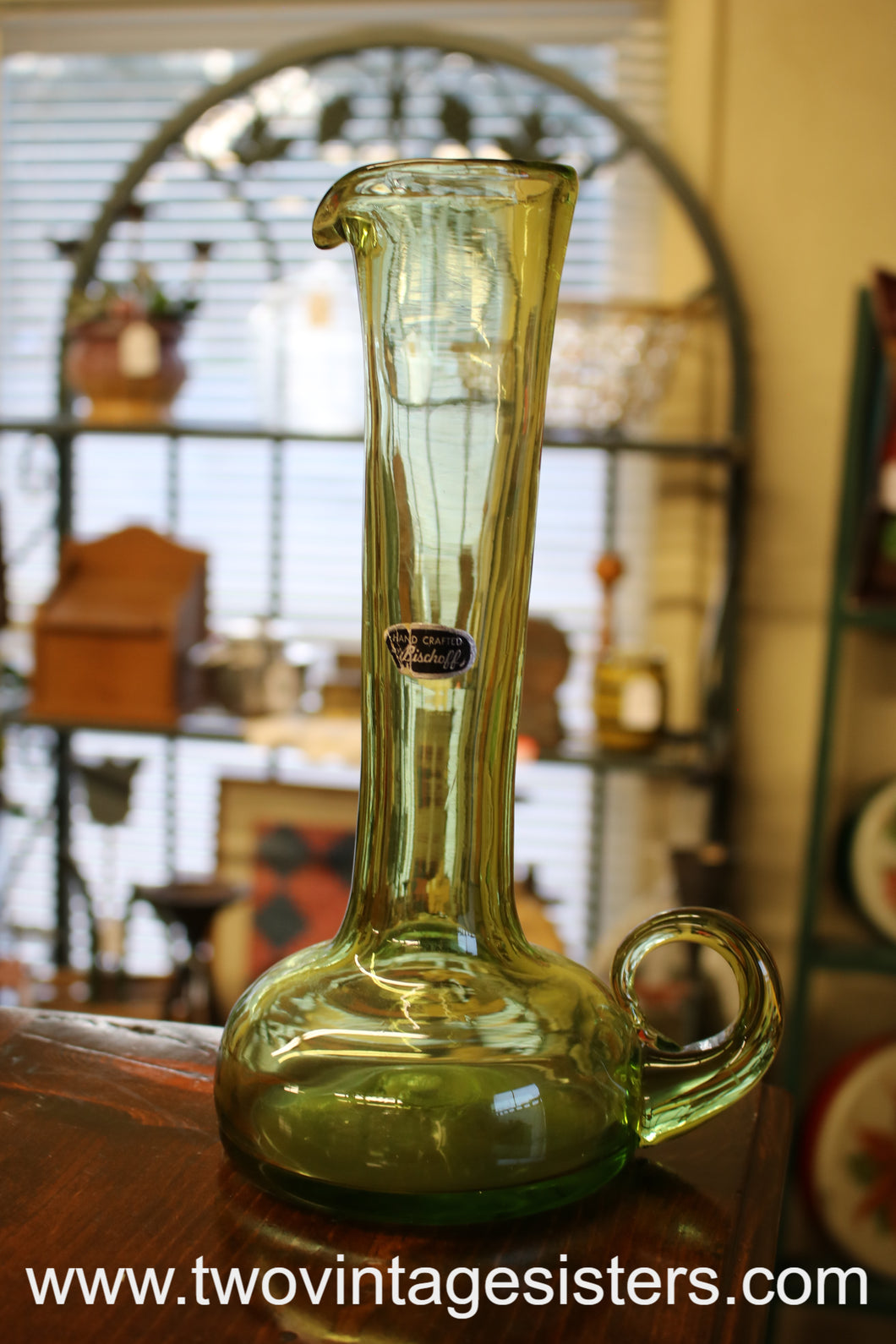 Indiana Glass Bischoff Mid Century Green Glass Vase