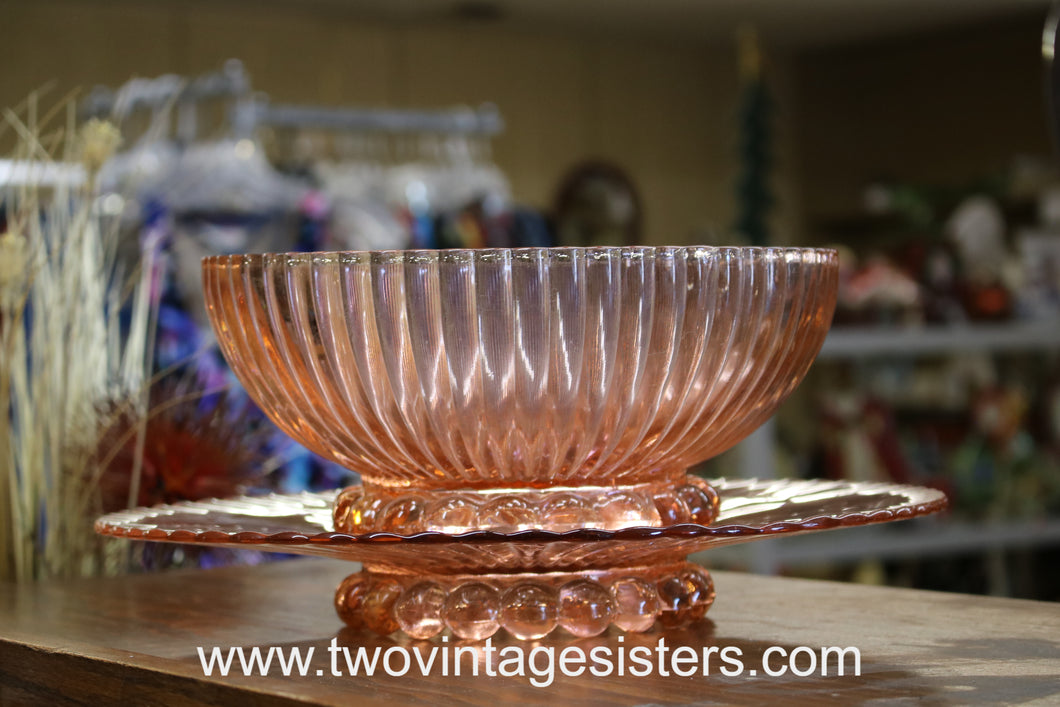 Petticoat Ribbed Pink Depression Glass Bowl & Cake Platter
