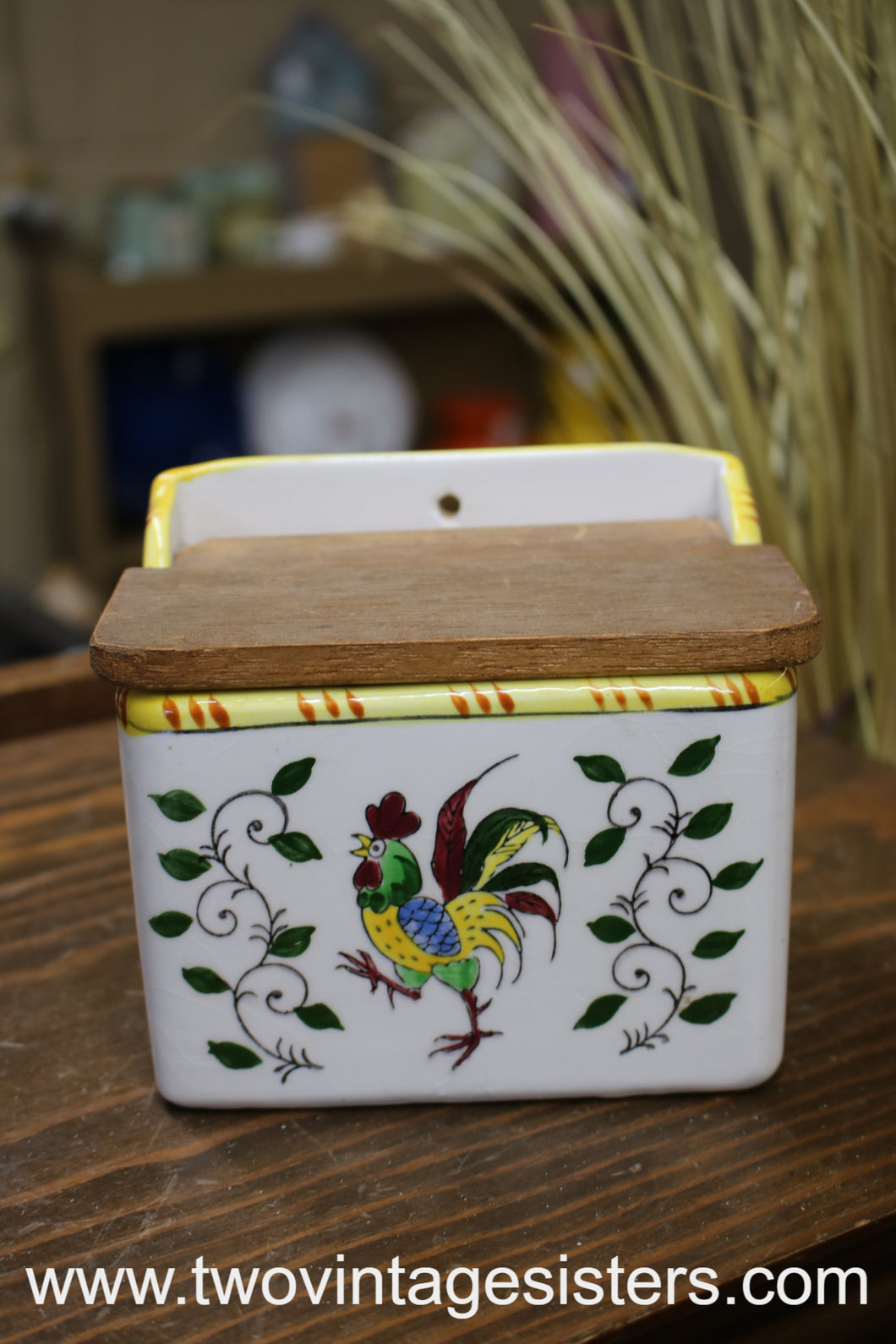 Rooster Ceramic Card Holder Wooden Lid