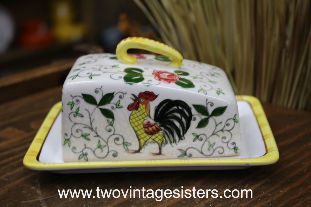 Rooster and Roses Ceramic Butter Dish