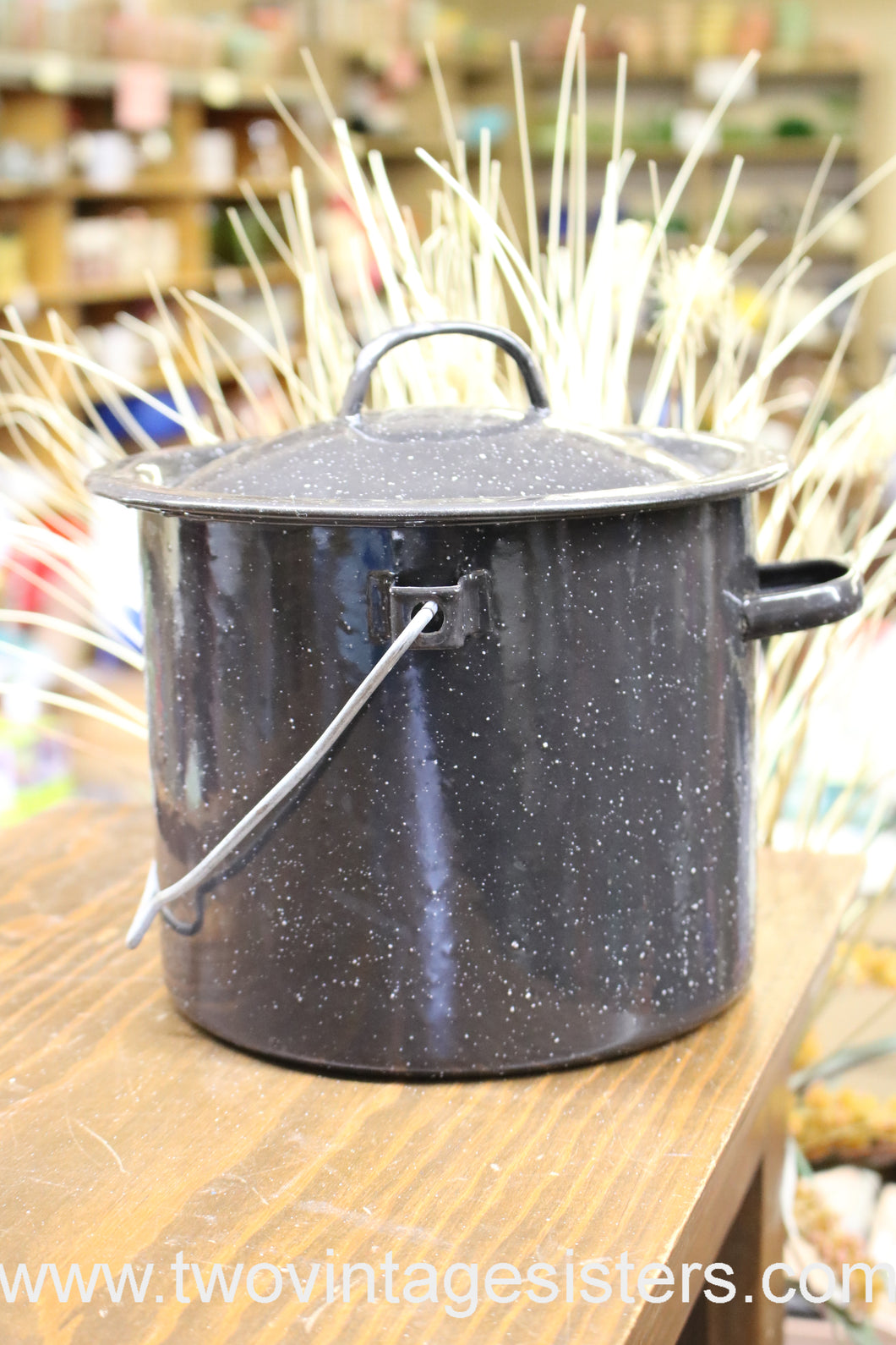 Black Enamelware Stock Pot Pan Lidded Camping Pot