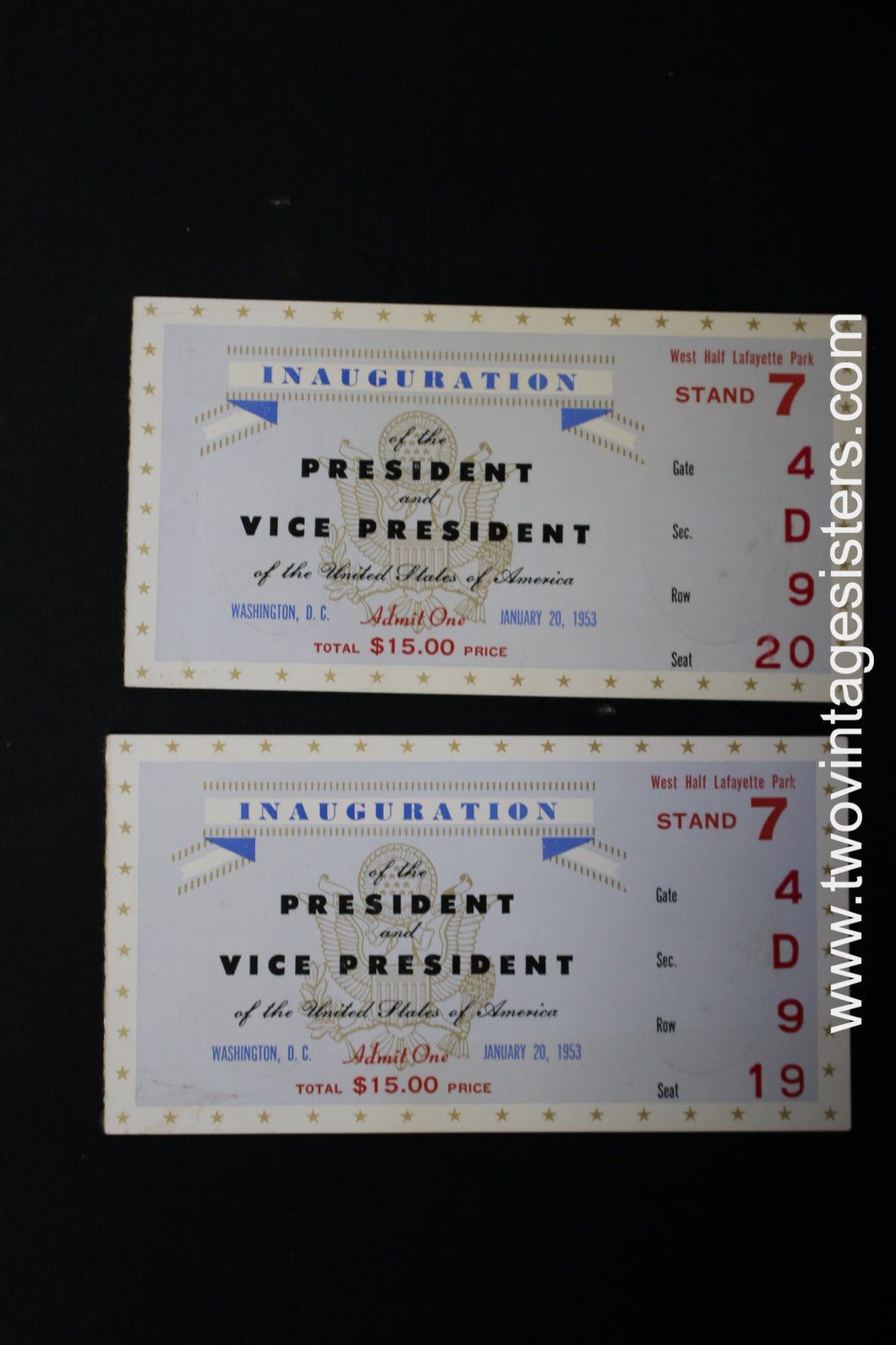 2 Eisenhower/Nixon Inauguration Tickets January 20 1953