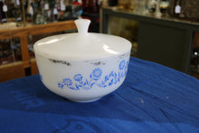 Load image into Gallery viewer, Federal Milk Glass Blue Daisy Covered Casserole Dish With Lid