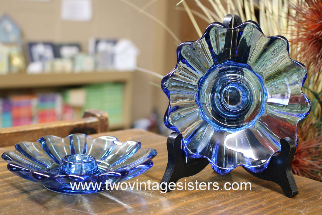 Fostoria Cobalt Blue Glass Candle Holders Pair