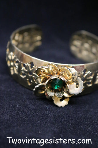 Gold Tone Cutout Bracelet Bangle Jewel & Flower - Vintage Sisters Collection