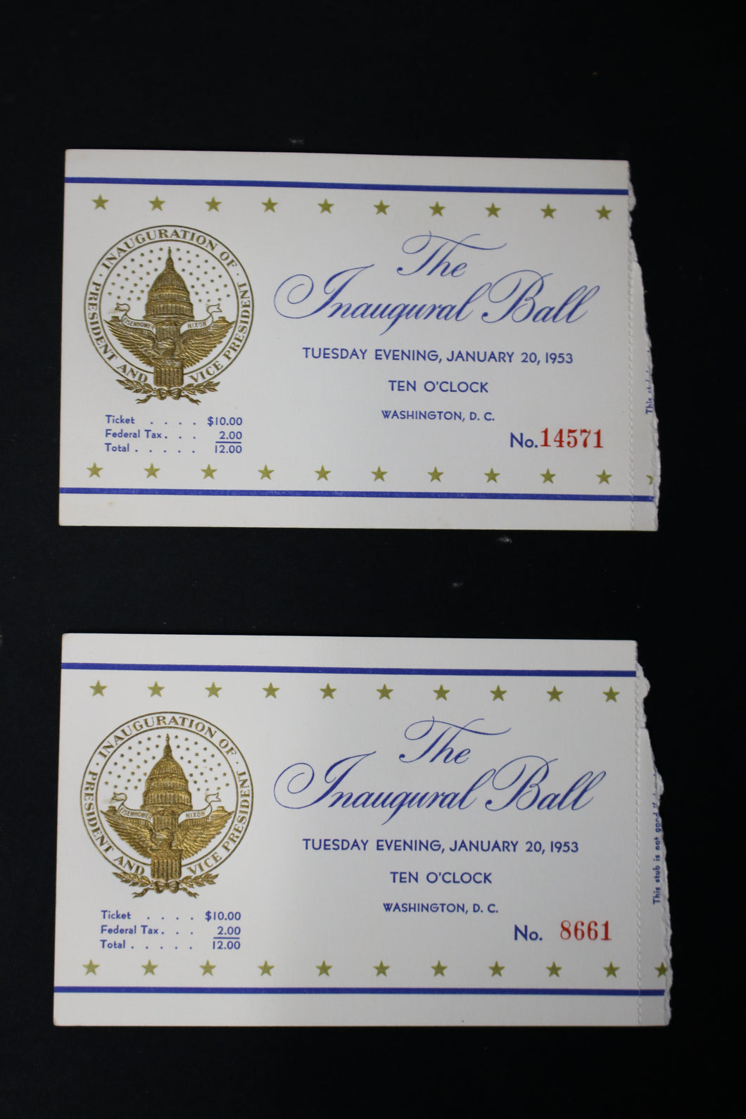 2 Eisenhower/Nixon Inaugural Ball Tickets January 20 1953