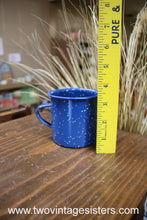 Load image into Gallery viewer, Camping Coffee Mugs Blue White Speckled Enamelware Set