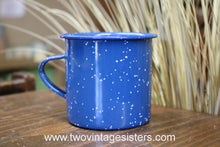 Load image into Gallery viewer, Camping Coffee Mugs Blue White Speckled Enamelware Set