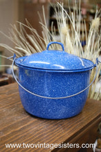 Load image into Gallery viewer, Blue White Enamelware 2 Qt Stock Pot Pan Lidded Camping Pot
