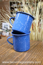 Load image into Gallery viewer, Camping Coffee Mugs Blue White Speckled Enamelware Set

