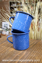 Load image into Gallery viewer, Camping Coffee Mugs Blue White Speckled Enamelware Set