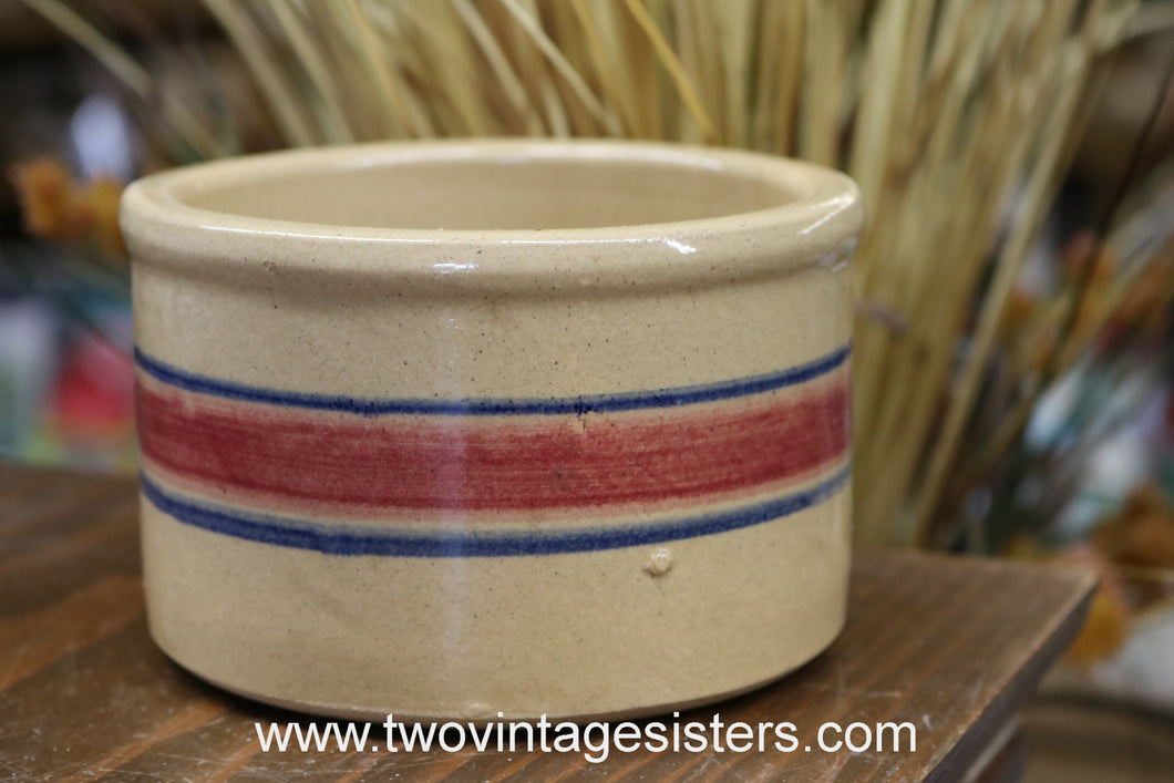 Roseville Pottery Stoneware Butter Crock Red Blue Stripe