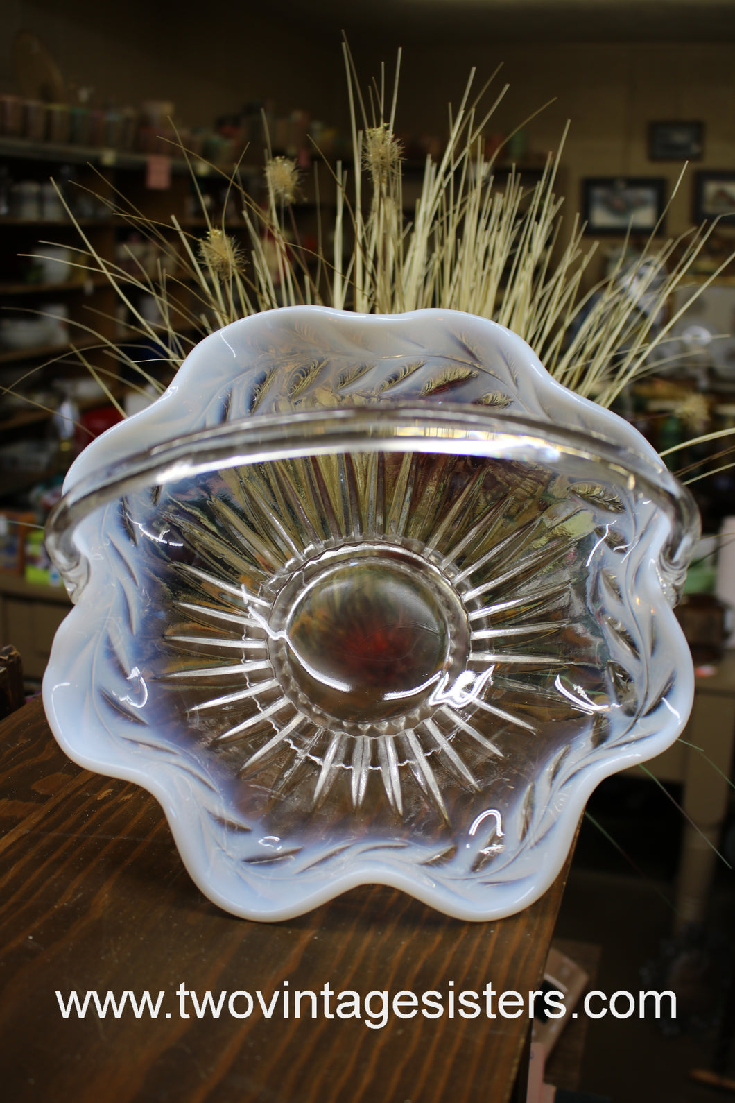 Tiara Glass Ruffled Edge Fruit Basket White Opalescent