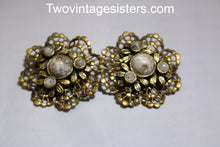Load image into Gallery viewer, Vintage Pair Brass Filigree Brooch &amp; Cabochon Stones
