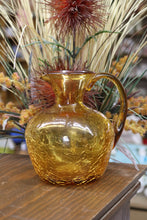 Load image into Gallery viewer, Vintage Hand Blown Amber Crackle Glass Pitcher Handled 6 inch
