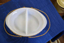 Load image into Gallery viewer, Divided Glasbake Casserole Dish With Gold Metal Basket Baking Dish Serving Dish