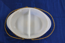 Load image into Gallery viewer, Divided Glasbake Casserole Dish With Gold Metal Basket Baking Dish Serving Dish