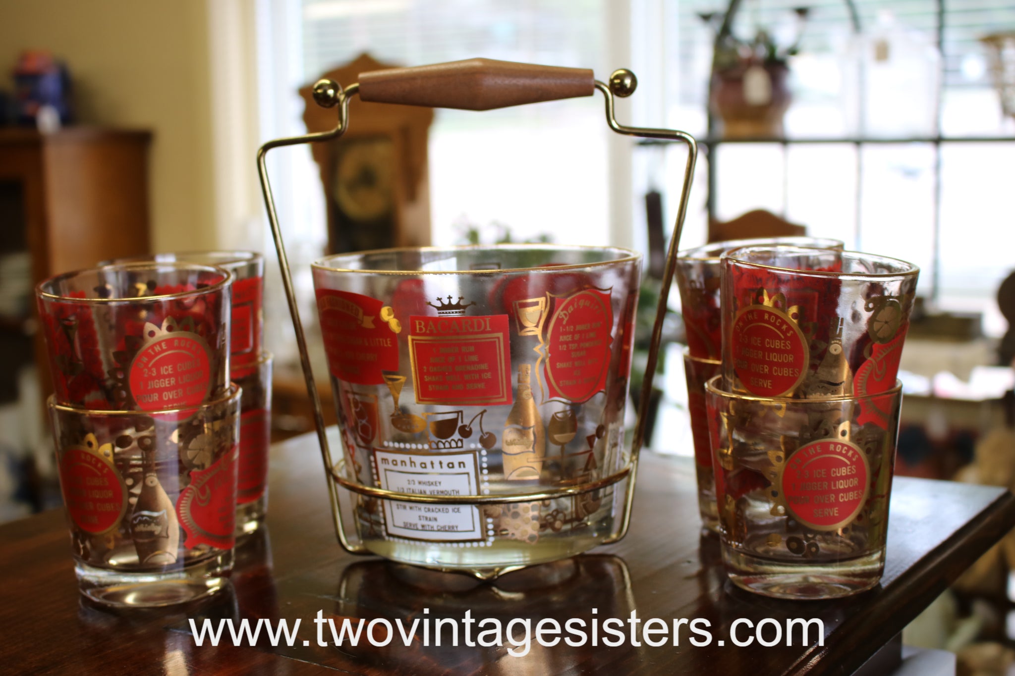 1950s Jeannette Glass Barware Bacardi Ice Bucket Set