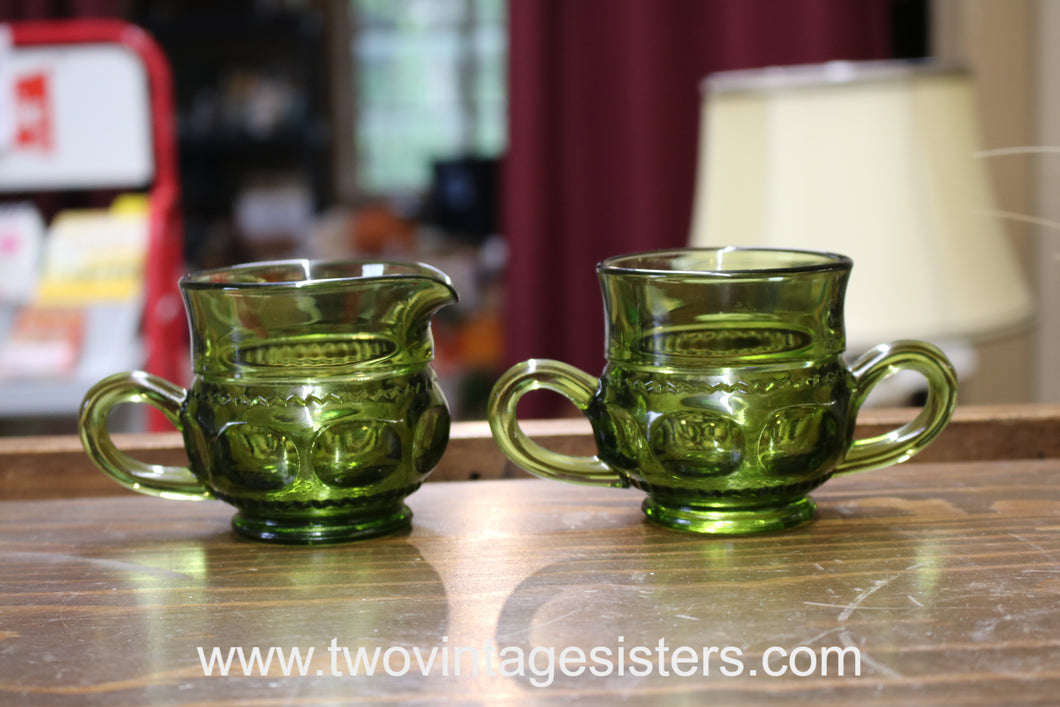 Indiana Glass Green Kings Crown Thumbprint Creamer Sugar