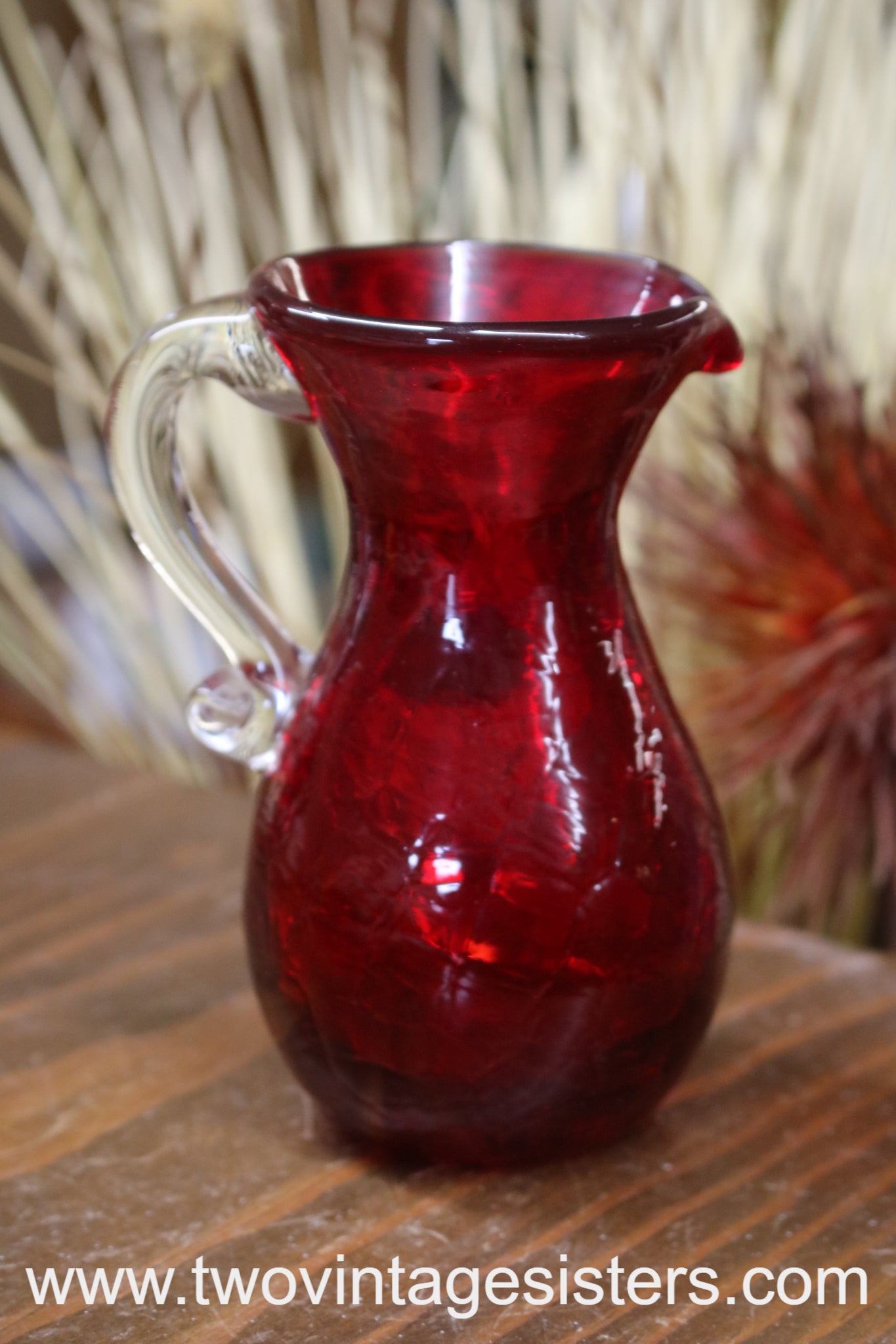 Vintage Hamon Glass Kanawha Glass Hand Blown Crackle Mini Glass Pitcher  Red/Amber 4 1/2 #1125