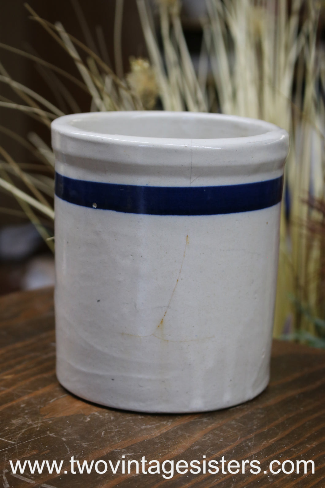 Primitive Roseville Ceramic Crock Blue Stripe - Collectible