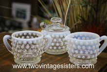 Load image into Gallery viewer, Fenton Hobnail Opalescent Moonstone Creamer Sugar Jam Jar Set
