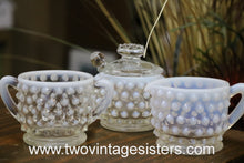 Load image into Gallery viewer, Fenton Hobnail Opalescent Moonstone Creamer Sugar Jam Jar Set
