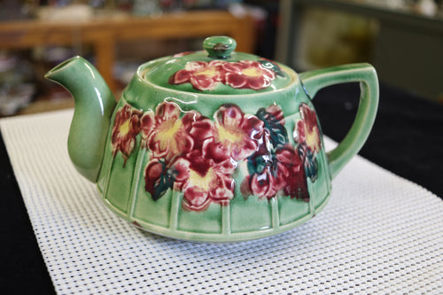 Floral Teapot Red Flowers Green Pot