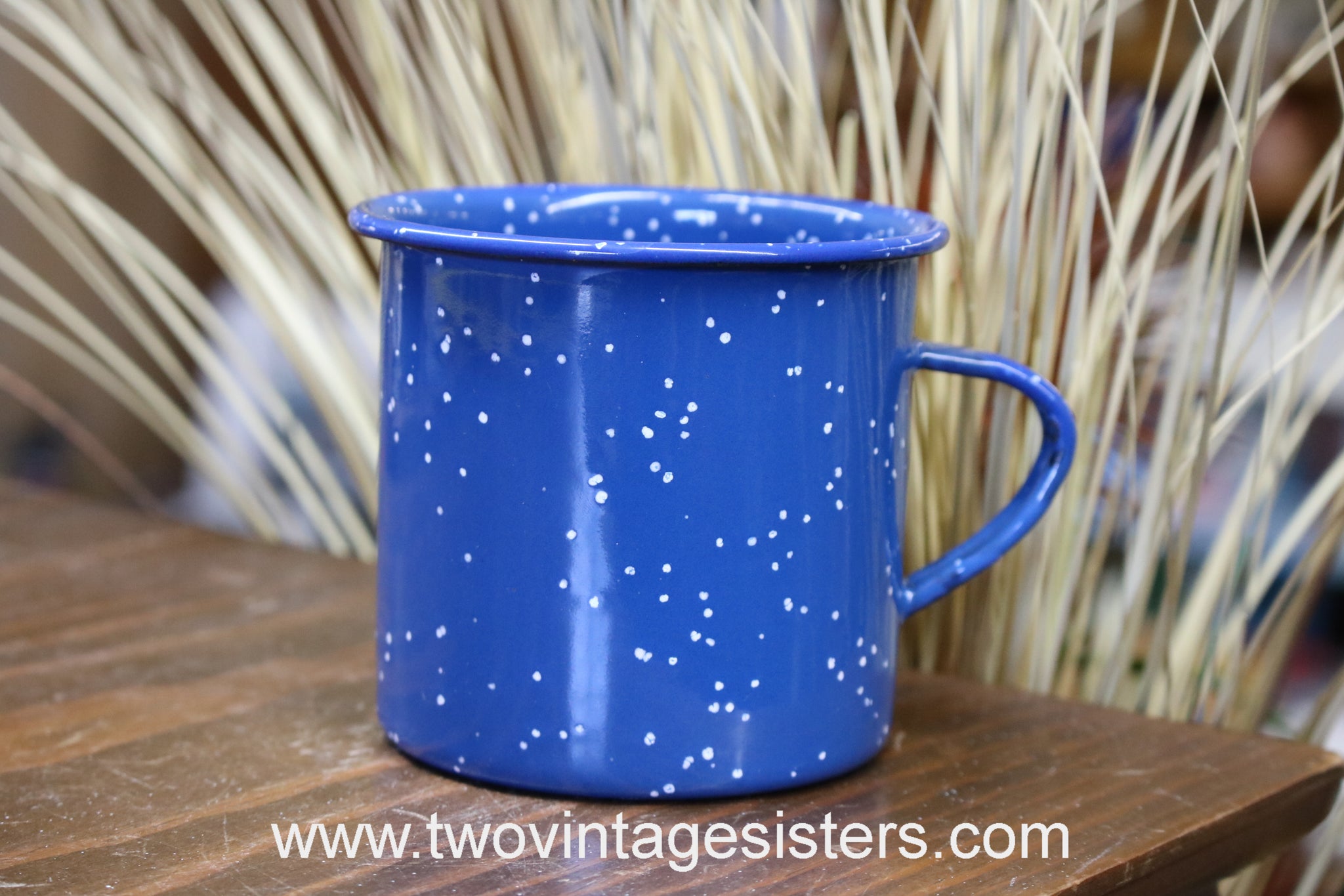 Blue Metal Camping Cup Mug. Blue with White Speckled Dots. Enamel.