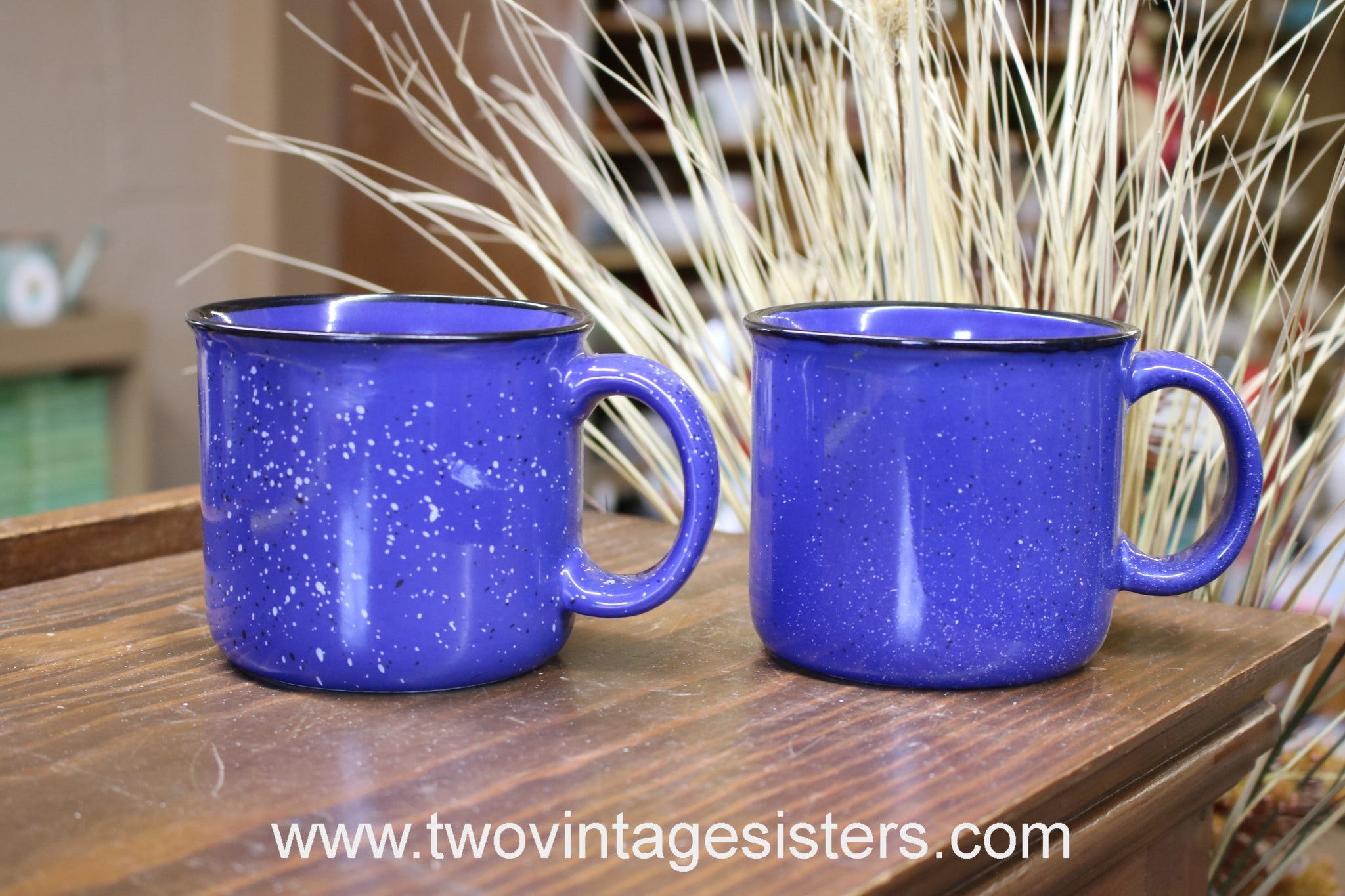 Camping Coffee Mugs Blue White Speckled Enamelware Set