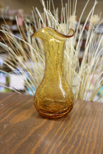 Load image into Gallery viewer, Vintage Amber Crackle Glass Pitcher 8&quot; Ruffled Brim Vase

