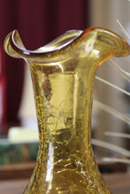 Load image into Gallery viewer, Vintage Amber Crackle Glass Pitcher 8&quot; Ruffled Brim Vase
