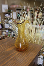 Load image into Gallery viewer, Vintage Amber Crackle Glass Pitcher 8&quot; Ruffled Brim Vase
