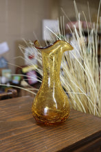 Load image into Gallery viewer, Vintage Amber Crackle Glass Pitcher 8&quot; Ruffled Brim Vase
