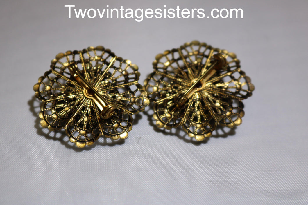 Vintage Pair Brass Filigree Brooch & Cabochon Stones
