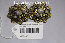 Load image into Gallery viewer, Vintage Pair Brass Filigree Brooch &amp; Cabochon Stones
